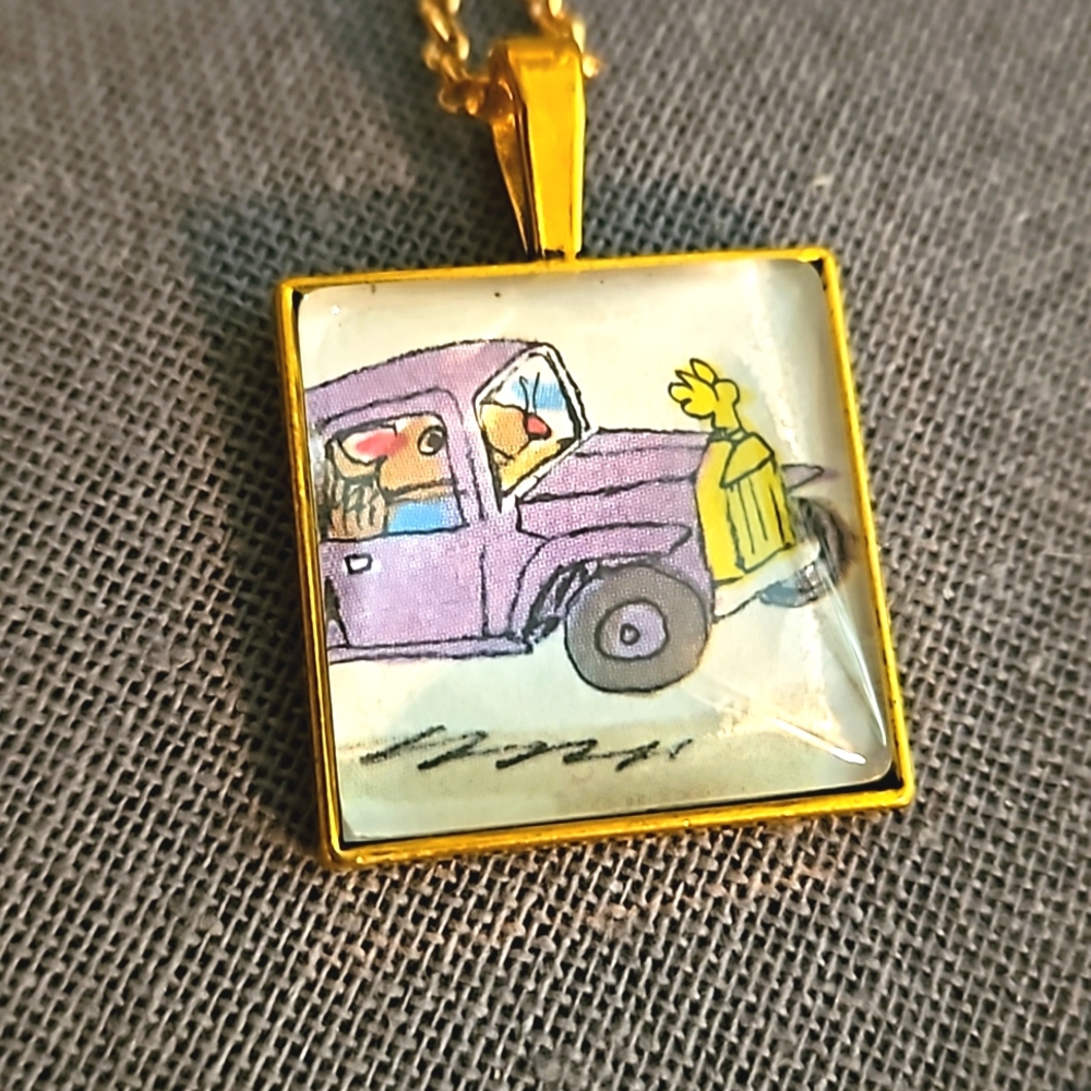 Richard Scarry 1970s book page necklace Mouse driving limo gold tone cabochon